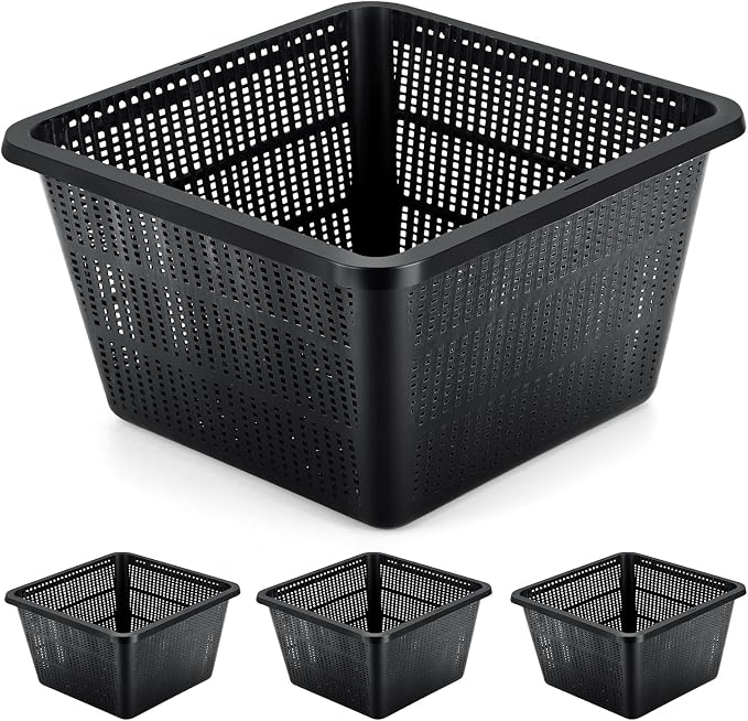 4 Pcs Aquatic Plant Baskets for Hydroponics Water Garden Plant Pots Black Plastic Mesh Basket 9 x 9 x 5.2 Inch Square Pond Containers for Island Live Aquarium Botany Flowers