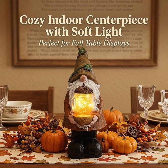 Topadorn Lighted Fall Gnome with Acorn Jar LED Figurine – Resin Harvest Gnome Statue, Thanksgiving Autumn Table Decor for Home, Patio & Tiered Tray