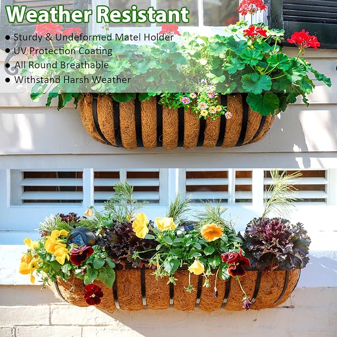 LCHUANG Railing Planter Window Box - 4 Pack 24 Inch Deck Balcony Rail Planter with Coconut Coir Liner, Fence Metal Hanging Flower Basket Deck Railing Planter Boxes for Outdoor Garden