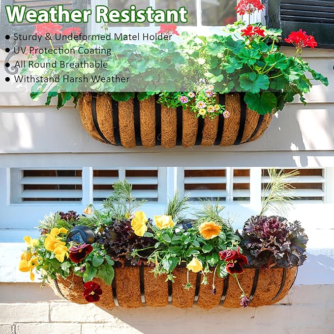 LCHUANG Railing Planter Window Box - 4 Pack 30 Inch Deck Balcony Rail Planter with Coconut Coir Liner, Fence Metal Hanging Flower Planter Basket Deck Railing Planter Boxes for Outdoor Garden