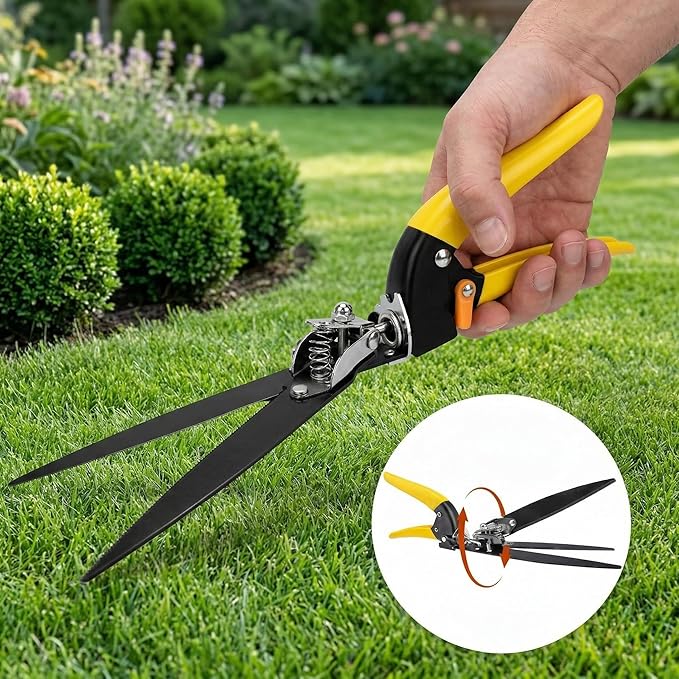 Grass Shears with 90° Rotatable Head, Hand Clippers for Lawn Edges and Garden Trimming, Safety Lock, Spring-Loaded