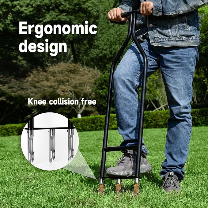 Manual Core Lawn Aerator — 3 Hollow Tines, One-Piece Steel Frame, Self-Cleaning Semi-Open Design, Lawn Aerator Tool for Compacted Soil & Overseeding