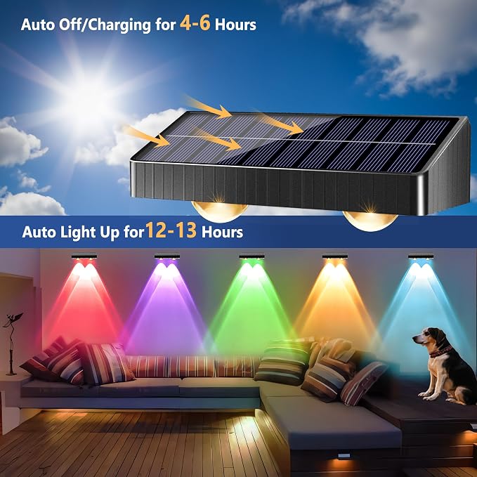 BrizLabs Fence Solar Lights Outdoor, 8 Pack 9 Colors & 11 Modes Color Changing Deck Lights, 250lm Red White & Blue Fence Deck Light IP65 Waterproof Solar Wall Light for Outside Backyard Stair Railing