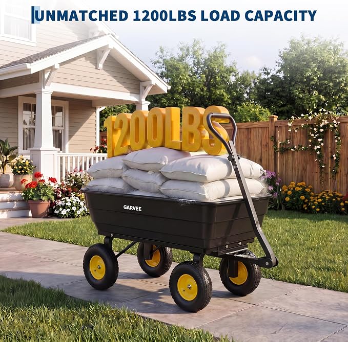 Garvee Poly Garden Dump Cart, Heavy Duty 1200lbs Wheelbarrow Yard Cart Dump Wagon with 13" All Terrain Wheels, Garden Utility Wagon with Quick Release System& Convertible Handle Attach to ATV (Black)