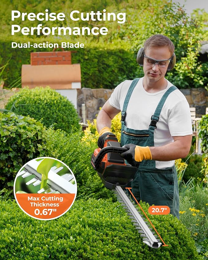 20'' Hedge Trimmers Cordless with 2pcs 4000mAh Battery, Brushless Electric Bush Clipper with Rechargeable Batteries, 3000RPM 180° Rotatable Head, 2/3'' Blade Gap Orange,Gifts for Father’s Day