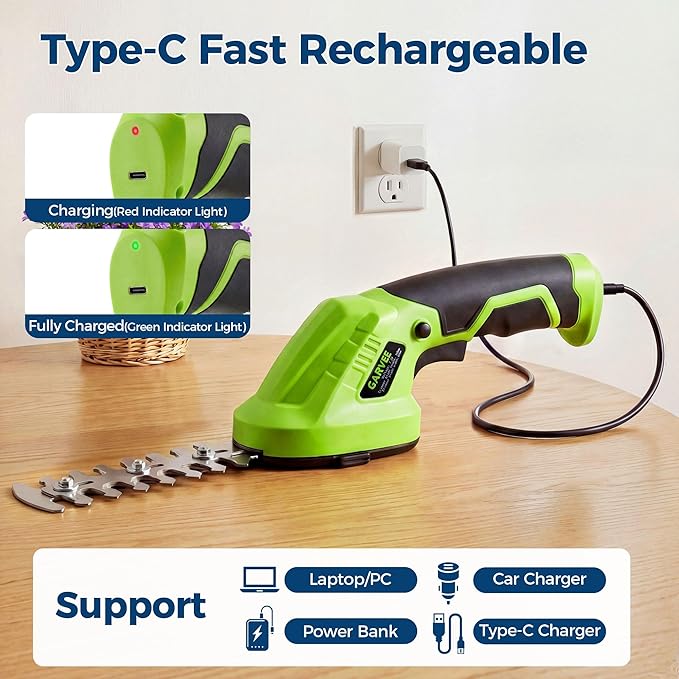 Cordless Hedge Trimmer & Grass Shear, 7.2V 2-In-1 Electric Handheld Shrub Trimme, Lightweight Rechargeable Bush Trimmers, Brushless Motor, with Type-C Cable, Dual Safety Switch, for Lawn, Garden, Yard