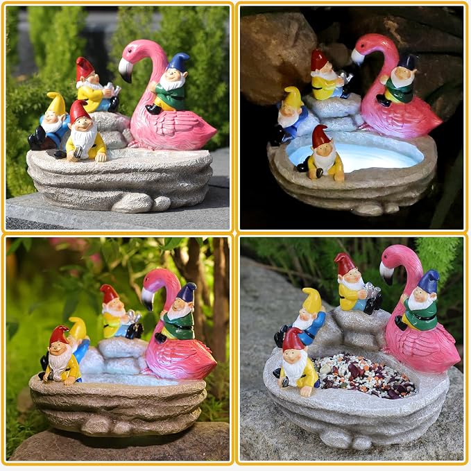 Garden Gnomes Statue Outdoor Gnome Decor Solar Gnome Statues Decoration for Lawn Yard Balcony Patio,Funny Gnome Riding Flamingo Figurine Mom Gift