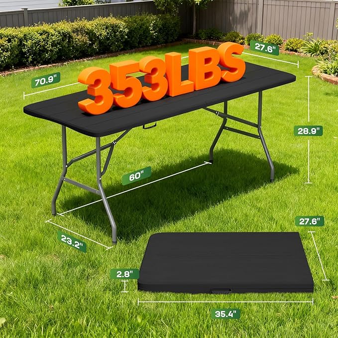 FDW 6 FT Folding Table, Portable Plastic Table with Carrying Handle Perfect for Indoor, Outdoor, Party, Dining, Wedding, Events, Camping, Black Wood Grain