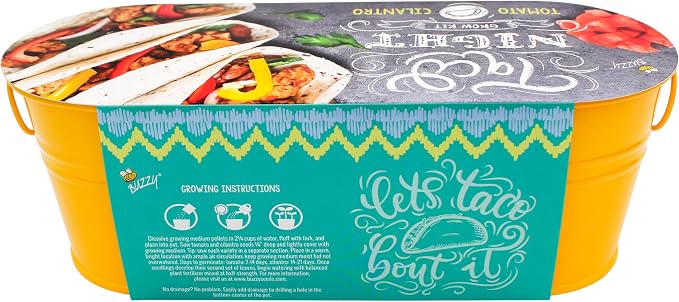 Buzzy Seeds Taco Night Grow Kit - Metal Windowsill Planter - Complete Indoor Gardening Kit with Seeds, Coconut Husk Growing Medium & Genuine Pots - 100% Grow Guarantee