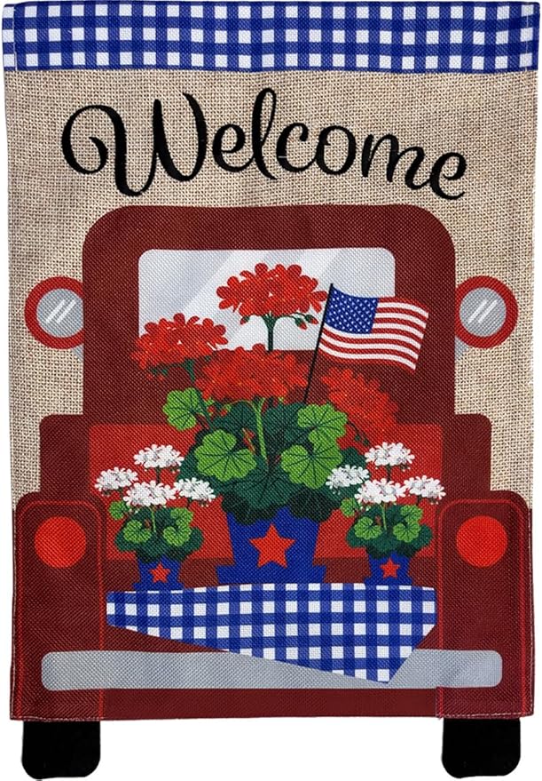 Red Truck Burlap Patriotic Garden Flag 12.5" x 18" Briarwood Lane