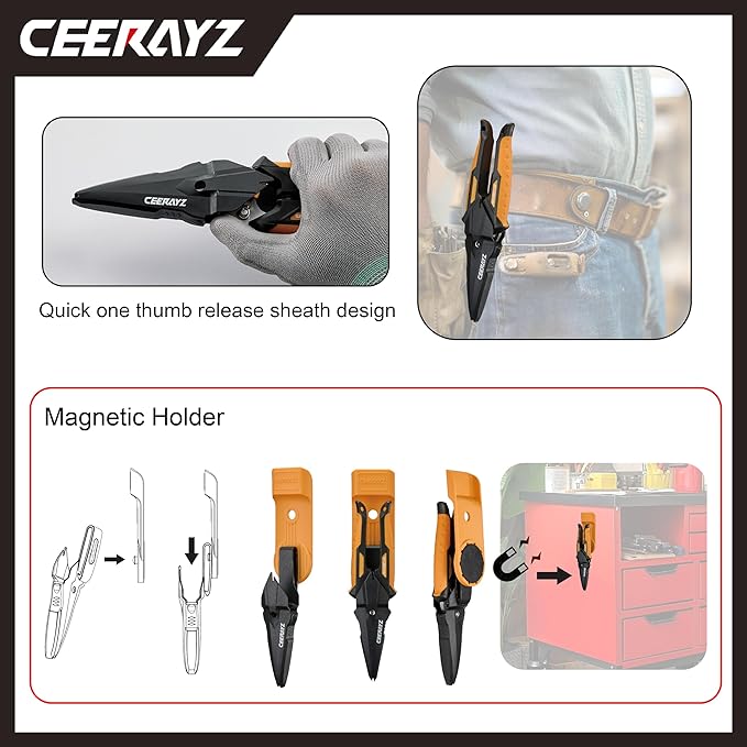 7" Scissors All Purpose, Heavy Duty, Multipurpose, for DIY Projects, Office, Production Lines, Pruning, with Protective Sheath and Magnetic Holder (Black/Orange)