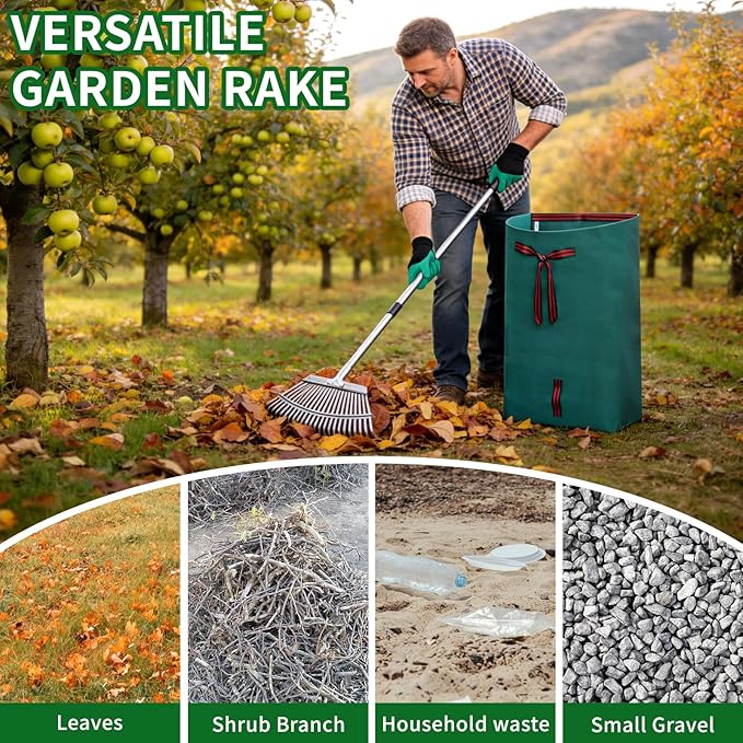 72 Gallon Leaf Rake Set with Dustpan-Type Bag - Heavy Duty Garden Rake for Leaves, 18" Wide 25 Tines Adjustable Handle, Protective Gloves for Lawn, Yard & Garden Cleanup