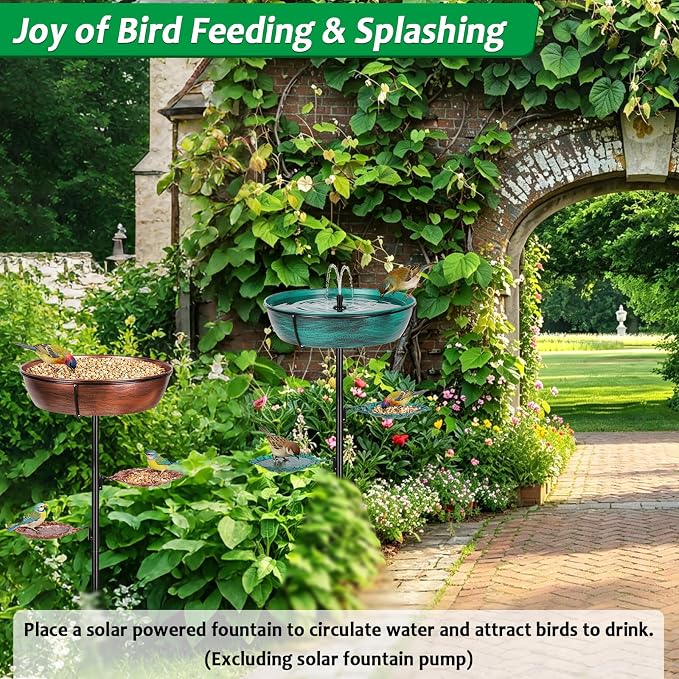 Metal Bird Bath for Outdoor 2 Pack- Garden Bird Bath with Removable Bowl Heavy-Duty Base, Winter Birdbath Feeder Rust-Proof Birdbaths for Garden Yard Lawn Decor, Easy to Install(Bronze&Green)
