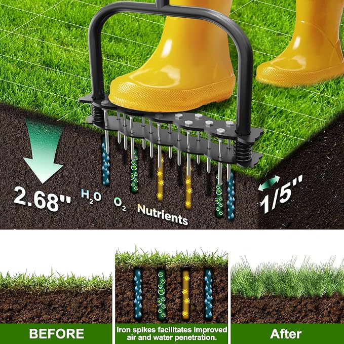 Lawn Aerator, Automatic Dirt and Leaf Clean Design, Heavy Duty Manual Lawn Aerator Tool with 14 Iron Spikes, Soil Lawn Aerating Tools for Yard Lawn and Garden, Aerator Spikes aerating Tool (Black)