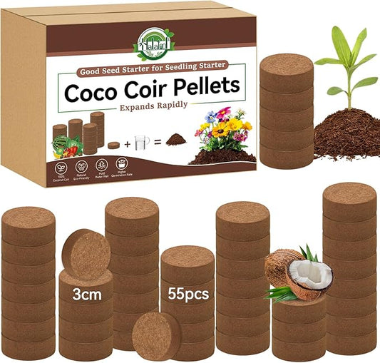 Halatool 55 Pcs Compressed Coco Coir Pellets, Seed Starter Soil Pellets for Indoor Potted Plants, Made from 100% Organic Coconut Coir for 3X Water Retention & Enhanced Aeration, Beginner-Friendly
