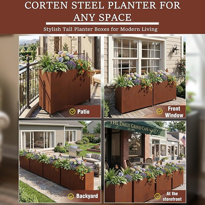 36 Inch Corten Steel Planter Box with Wheels, Tall Outdoor Rolling Planter with Drainage & Removable Shelf, Large Rectangular Weathering Steel Planter for Patio, Porch, Balcony & Garden