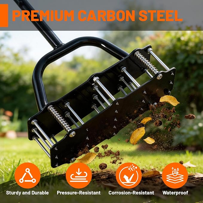 Standing Lawn Aerator with 17 Spikes, 39.37" Carbon Steel Soil Aerator Tool Wide 11.8"x4.72" Base & Includes Gloves for Effortless Soil Loosening and Yard Aeration
