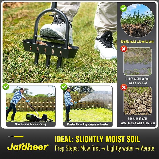 Jardineer Lawn Aerator Coring Tool with Soil Core Tray, Core Aerator with 4" Deep Plugs and Wider Foot Pedal, Manual Grass Plug Aeration Tool for Compacted Soil, Improving Lawn Health | Core Aerator with Soil Tray