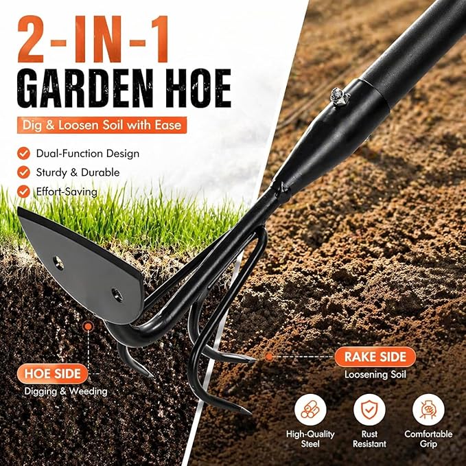 2-in-1 Garden Hoe & Cultivator Tool – Heavy Duty 3-Tine Claw Rake with Adjustable Long Handle (52”-75”), Effortless Weeding, Soil Loosening & Planting, Ideal for Garden Beds, Yard & Backyard