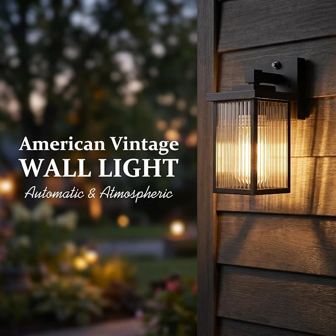 Dusk to Dawn Porch Light, Outdoor Wall Light, All-Metal Frame | Auto On and Off, Rust-Resistant, Tempered Glass, Easy DIY Install on Porch, Garage