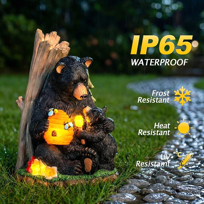 Candieslife Solar Bear Garden Statue with Glowing Beehive & Cub - Outdoor LED Figurine Decor for Patio, Lawn, Yard Art - Unique Birthday Housewarming Gift for Women, Mom, Father
