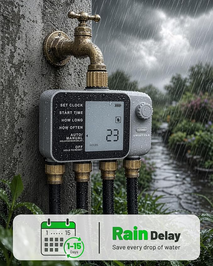 [All-New 2027] 4 Zone Sprinkler Timer with Brass Inlet, Unistyle 4 Outlet Programmable Water Timer for Garden Hose with Rain Delay, Manual Watering Automatic Irrigation Hose Timers for Yard Lawn Patio