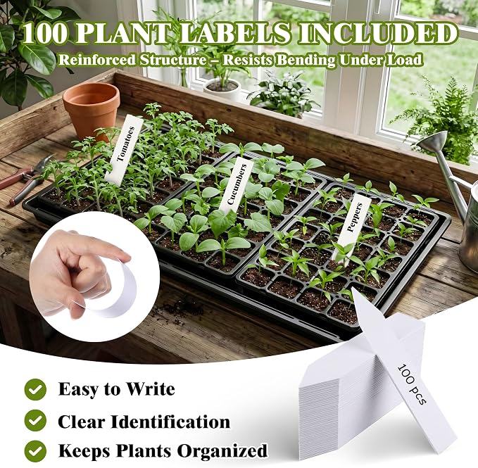 Feekoon 4 Pack Extra Large Plant Saucer Growing Tray - 34" x 22"Seed Starting Trays - Each Fits 3×1020 Trays (Holds 12 Total), Thick Reusable Flats with 100 PVC Plant Labels, Bottom Watering