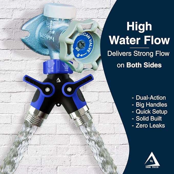 DBR Tech® Hose Splitter 2 Way, Heavy Duty Metal Connector, Two Way Garden Hose Splitter, High Flow Spigot Faucet Bib Adapter, Solid Double Y Shut Off Valve for Outdoor Gardening Hoses, Blue