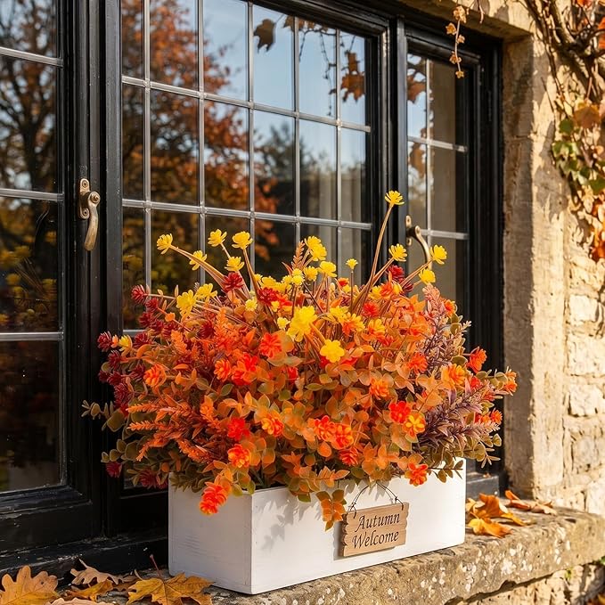 Hananona 48 Pcs Artificial Fall Flowers Outdoor, Faux Artificial Plants UV Resistant Plastic Autumn Flower for Hanging Planter Front Door Porch Window Home Decor (48, Orange)