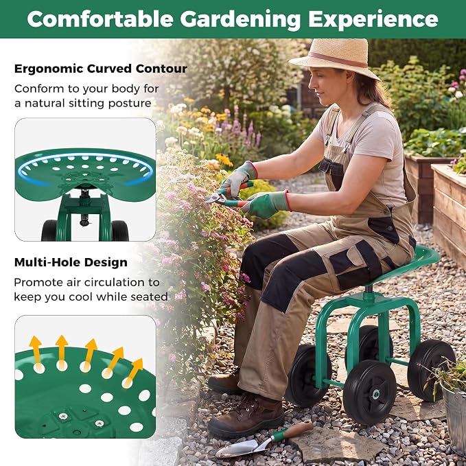 Rolling Garden Seat, Garden Cart with 360° Swivel Work Seat & Adjustable Height, Heavy Duty Garden Seat with Wheels for Lawn Yard Patio Greenhouse Planting Cleaning (Green)