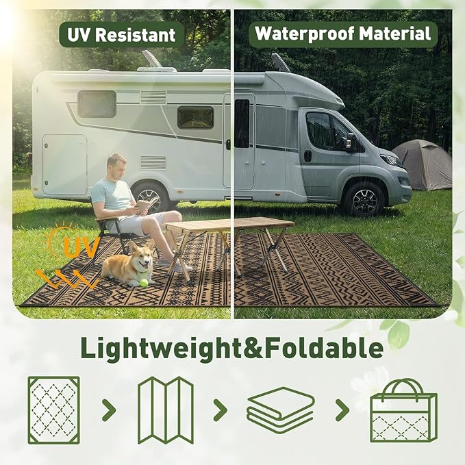 MontVoo Outdoor Rug 8x10 Waterproof Outdoor Patio Rug Mat Reverisble Plastic Straw Outdoor Rug for RV Camping Picnic Beach Balcony Boho Black Brown