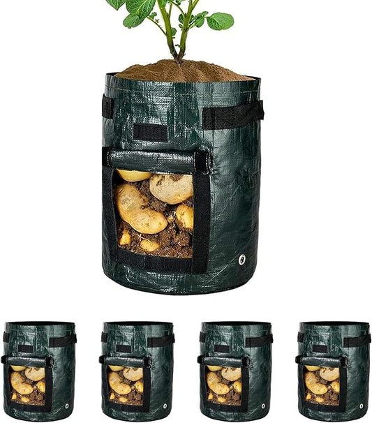 iPower Potato Grow Bags with Flap 10 Gallon 4 Pack, Garden Planting Pot with Durable Handle and Harvest Window, Thickened PE Container for Potato, Tomato, Carrot, Vegetable and Fruits
