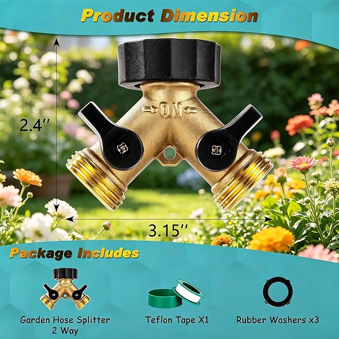 Dalmbox Garden Hose Splitter 2 Way, Y Connector Brass Garden Hose Adapter, Water Hose Splitter, Double Shut Off Valve, Includes 5 Rubber Washers & Teflon Tape(2 pack)