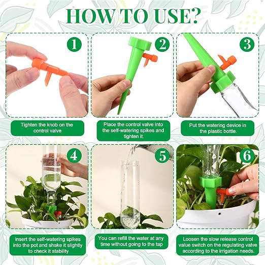 Leinuosen 8 Pack Plant Watering Devices with 4 Pcs Self Watering Spikes and 4 Pcs 26 oz Plastic Bottles, Plant Watered Device (Need to Tighten The Control Valve Switch) Proof Leak for Garden Plants