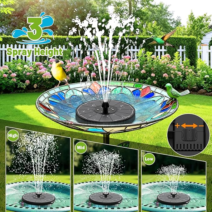 Solar Fountain with 3 Spray Height, Colorful Led Lights, 3.5W Glass Solar Bird Bath Water Fountain with 2000mAh Battery, 4 Rotating Rods and 7 Nozzles for Hummingbird Bathing, Outdoor Decor