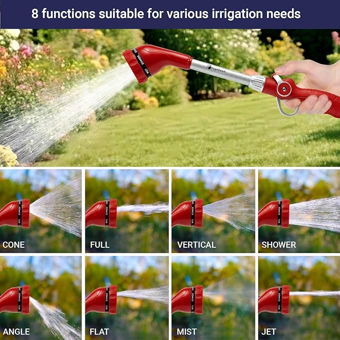 HugeDawn Garden Hose Wand, 16-Inch Heavy Duty Zinc Alloy & Aluminum Watering Wand with 8 Spray Patterns Thumb Control for Hanging Baskets, Garden, Cleaning (Red)