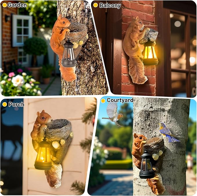Garden Decor Squirrel Tree Hugger, Outdoor Statue with Solar Powered Lantern for Outside Porch Patio Wall Tree Fence, Housewarming Gifts for Women Mom Garden Lovers