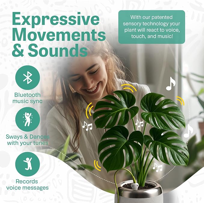 Smart Robotic Planter for 4” Potted Plants- Speckled Sand | Interactive Moving & Dancing Flowerpot with Bluetooth Speaker | Touch Responsive for Real Indoor Plants | Custom Voice Record