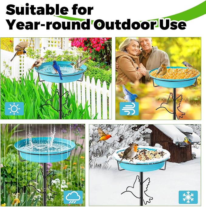 Bird Baths for Outside, Detachable Birdbaths for The Garden Clearance, Bird Bath Bowl Spa & Birdfeeder for Outdoors Garden Patio Yard Lawn Decor, 5-Pronged Metal Stake Stand(Blue)