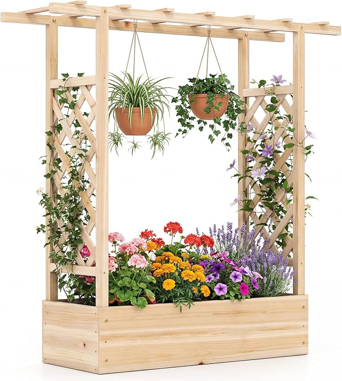 Giantex Wooden Raised Garden Bed with Trellis & Hanging Roof, Fir Wood Planter Box, 45" Freestanding Elevated Garden Bed for Outdoor Climbing Plants Vegetables Flowers, Patio & Balcony, Natural