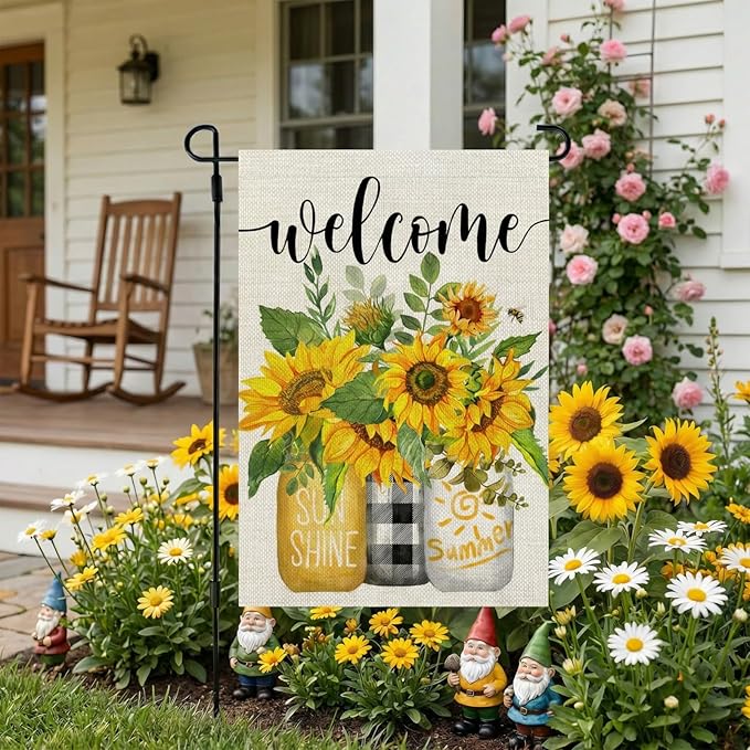 CROWNED BEAUTY Summer Sunflower Garden Flag Mason Jar Double Sided 12x18 Inches Small Burlap Seasonal Welcome Yard Porch Decoration for Outside