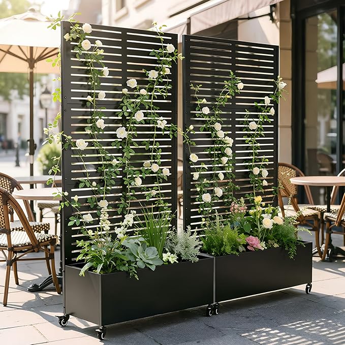 Baotree Metal Raised Garden Planter Bed, 72"x35"x16" Outdoor Planter Box with Trellis and Wheels for Climbing Plants, Vegetables & Vines, Features Drainage Holes and Privacy Screen (Black-Louvered)
