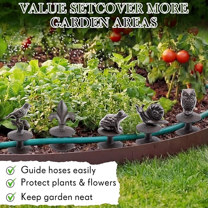 Briwooody 5 Pcs Heavy Duty Garden Hose Guide Stakes, Metal Cast Iron Water Hose Guide Spike Garden Stakes Decorative for Outside Flower Beds Plant, 1214 inches (Groovy)