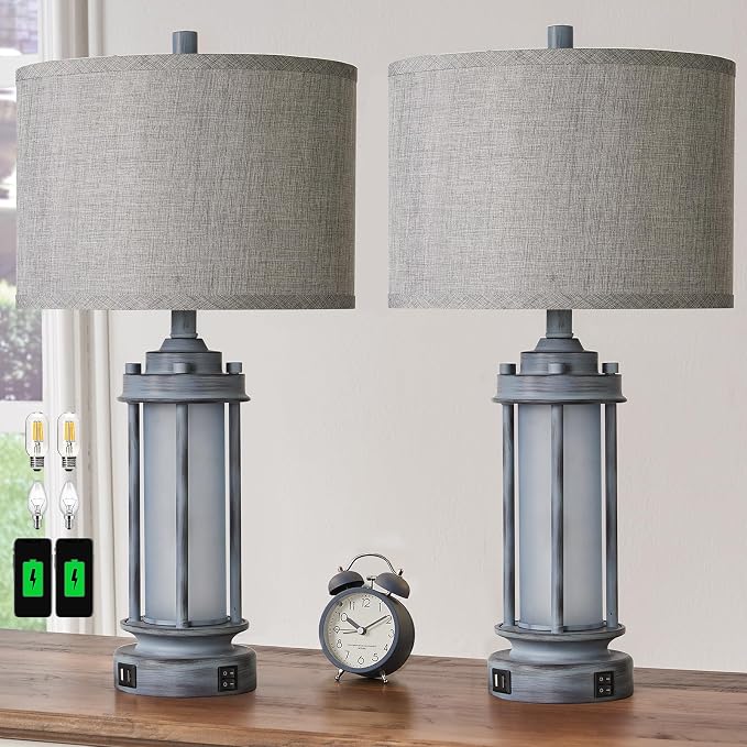 AIEAMPDO Set of 2 Rustic Table Lamps for Living Room with 2 USB C+A Ports | Farmhouse Vintage Nightstand Lamp, Antique Retro Light Green Glass Night Light for Bedroom Entryway, 4 Bulbs Included
