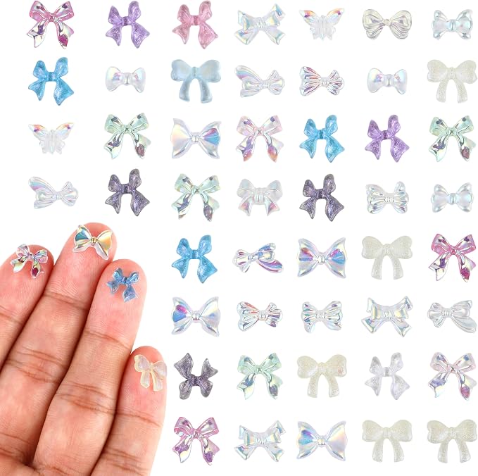 100Pcs Iridescent Resin Bows - 3D Aurora Bowknot Charms for Nail Art, Miniature Dollhouse Decor & DIY Crafts, Tiny Ribbon Flatbacks with Window Envelope Packaging