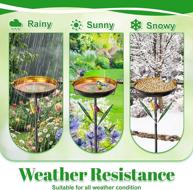 2-in-1 Bird Baths for Outside, 11.8” Diameter x 2” Deep Metal Removable Bird Feeder Water Bowl with Upgraded 5 Prongs Base, 33.5" Freestanding Garden Birdbaths for Outdoors Patio Yard Lawn Art Decor