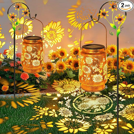 2 Pack Sunflower Solar Lanterns Garden Decor, Birthday Gifts for Women Mom Grandma, Metal Hanging Solar Lights Outdoor Waterproof LED Decoration with Shepherd Hook Outside for Yard Patio Lawn Porch