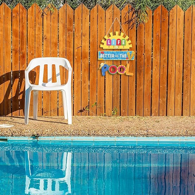 HOURIA Life is Better at The Pool Wood Hanging Sign,11.8 * 13.9 Inch Summer Sunshine Popsicle Swimming Pool Decor,Funny Pool Decorations for Outdoor Beach Party
