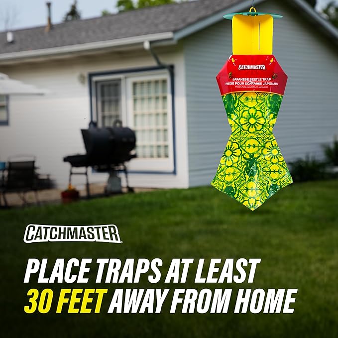 Catchmaster Japanese Beetle Traps w/Rain-Proof Cap 3-Pack & Dual Lure, Beetle Bag Trap, Hanging Beetle Catcher, Pest Control for Backyard & Garden, Plants, Trees, Vegetables & Flowers