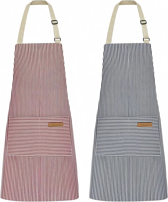 NLUS 2 Pack Kitchen Cooking Aprons, Adjustable Bib Soft Chef Apron with 2 Pockets for Men Women (Blue Pinstripes/Pink Pinstripes)